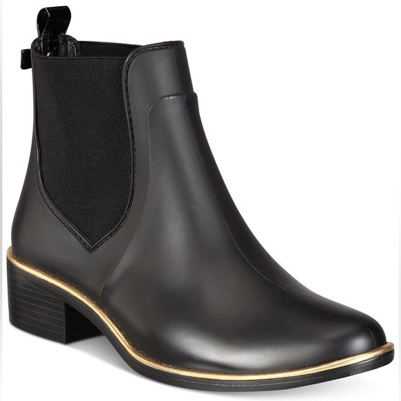 Kate Spade Sedgewick Chelsea Rain Boots Rubber with Elastic Black Gold Pull On - Picture 1 of 13